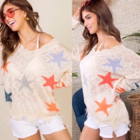 05 Light Knit Orange Star frayed Sweater Top - Picture 3 of 3